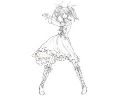  boots commentary_request female frills hair_ribbon highres kagamine_rin kagamine_rin_(roshin_yuukai/hard_rkmix) knee_boots line_art monochrome pantyhose ribbon rituiti solo twintails vocaloid 