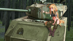  absurdres ahoge blonde_hair blue_eyes blush boots commentary_request female forest gloves highres long_hair m4_sherman midriff military military_vehicle motor_vehicle nanaya777 nature on_vehicle original photoshop_(medium) sitting tank torn_clothes turret uniform 