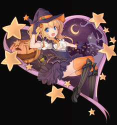  alternate_costume bad_id bad_pixiv_id black_background blonde_hair boots breasts chains commentary female gloves glowworm_(warship_girls_r) halloween hat highres jack-o&#039;-lantern lamp looking_at_viewer open_mouth panties panty_peek photoshop_(medium) pumpkin rhineheim small_breasts solo star_(symbol) thighhighs twintails underwear warship_girls_r witch_hat 