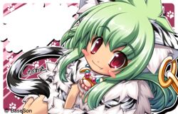  animal_ears blush_stickers cat_ears earrings female from_above green_hair jewelry koihime_musou kuwada_yuuki long_hair looking_up midriff moukaku necklace oerba_yun_fang red_eyes sitting smile solo tail 