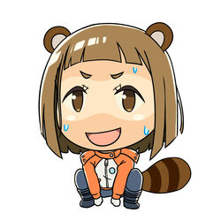  :d accessory_tan animal_ears blunt_bangs boots brown_eyes brown_hair chibi coat commentary denden embarrassed female open_mouth pants pun raccoon_ears raccoon_tail simple_background smile solo sora_yori_mo_tooi_basho squatting sweatdrop tail tamaki_mari tan tanlines white_background 