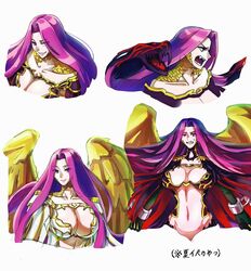  breasts chains cleavage commentary_request cuffs fangs fate/grand_order fate_(series) female forehead fuchino gorgon_(fate) gorgon_(third_ascension)_(fate) grin highres large_breasts long_hair looking_at_viewer medusa_(fate) multiple_views navel purple_eyes purple_hair scales shackles smile snake_hair sweat translation_request upper_body very_long_hair white_background wings 