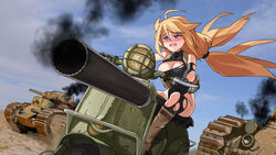  absurdres blonde_hair blue_eyes bomber_jacket caterpillar_tracks char_b1 commentary_request female gloves highres jacket leotard long_hair m20_recoilless_rifle military military_vehicle motor_vehicle nanaya777 on_scooter original photoshop_(medium) scooter tank torn_clothes torn_leotard turret vespa vespa_150_tap 