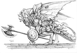  ambiguous_gender bell_gargoyle black_and_white dark_souls feathered_wings feathers fromsoftware gargoyle membrane_(anatomy) membranous_wings monochrome monster solo weapon wings 