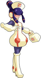  android bodysuit boots female full_body glasses gloves hat headdress helmet highres meddy.exe_(mega_man) mega_man_(series) mega_man_battle_network_(series) mega_man_battle_network_5 netnavi nurse_cap official_art pantyhose purple_hair red_eyes robot short_hair simple_background solo tinted_eyewear visor white_background 