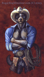  2003 anthro australian_cattle_dog black_body black_fur black_nose brown_body brown_fur canid canine canis cattledog chaps clothed clothing cowboy_hat domestic_dog front_view fur furgonomics hat headgear headwear herding_dog holding_object lasso looking_at_viewer male mammal nipple_piercing nipples open_clothing open_shirt open_topwear partially_clothed pastoral_dog piercing portrait rog_minotaur rope shirt solo text three-quarter_portrait topwear url 