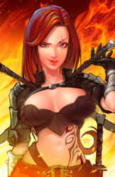  2015 arm_up armband armor belt belt_buckle black_gloves blue_eyes bracelet bracer breasts breasts_apart brown_belt buckle cleavage curly_hair dagger fire gloves half-closed_eye high_collar highres holding holding_weapon jewelry katarina_du_couteau league_of_legends long_hair looking_at_viewer louten medium_breasts midriff navel parted_lips red_hair scar scar_across_eye sheath sheathed short_sleeves shoulder_armor signature smile smirk solo spiked_bracelet spikes standing tattoo underbust upper_body very_long_hair weapon weapon_on_back 