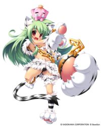  absurdres animal_ears animal_hands animal_print anklet black_panties cameltoe cat_ears cat_tail chains earrings female full_body gloves green_hair highres jewelry koihime_musou kuwada_yuuki long_hair moukaku navel oerba_yun_fang official_art panties paw_gloves paw_shoes pointing polearm red_eyes shoes smile solo tail tiger_ears tiger_print transparent_background underwear weapon 