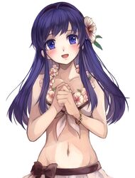  bikini blue_eyes blue_hair blush breasts commentary_request corrin_(female)_(fire_emblem) corrin_(female)_(fire_emblem)_(cosplay) corrin_(female)_(summer)_(fire_emblem) corrin_(fire_emblem) cosplay dark_blue_hair female fire_emblem fire_emblem:_the_binding_blade fire_emblem_fates fire_emblem_heroes hairband jurge lilina_(fire_emblem) long_hair looking_at_viewer navel open_mouth simple_background small_breasts smile solo swimsuit white_background 