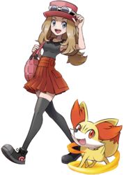  ariga_hitoshi black_thighhighs brown_hair dress eyewear_on_head female fennekin full_body hat highres long_hair official_art pleated_skirt pokemon pokemon_(creature) pokemon_xy serena_(pokemon) skirt sleeveless smile sunglasses thighhighs transparent_background zettai_ryouiki 