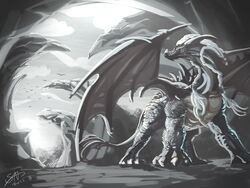  2015 4:3 claws day digital_media_(artwork) dragon feral greyscale horn membrane_(anatomy) membranous_wings monochrome mythological_creature mythological_scalie mythology outside scalie shadownight456 sky solo standing tail wings 