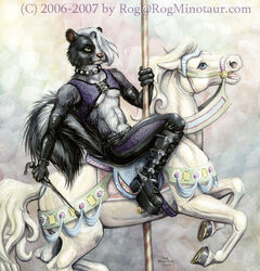  2006 alternative_fashion anthro boots carousel_horse clothing equid equine fashion_saddle footwear goth hooves horse male mammal mephitid riding riding_crop rog_minotaur simple_background skunk solo spider_web whip 