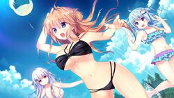  3girls ball bikini blue_eyes blue_hair blush breasts cleavage game_cg happy highres kino_(kino_konomi) kino_konomi kiryuu_chikage konomi_(kino_konomi) large_breasts legs long_hair looking_away multiple_girls nakano_mei navel orange_hair purple_eyes shinonome_setsuna shirogane_x_spirits sky small_breasts smile standing swimsuit thighs 