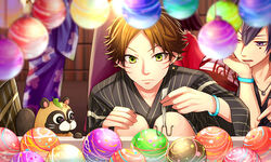  2boys animal earrings hand_on_own_cheek hand_on_own_face hand_on_own_knee japanese_clothes jewelry kimono leaf looking_down male_focus multiple_boys necklace open_mouth purple_eyes shima_(utaite) squatting sweatdrop tanuki tsukimori_fuyuka urashimasakatasen uratanuki utaite yamadanuki yukata 