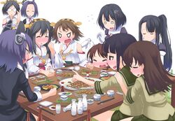  6+girls =_= ^_^ alcohol ashigara_(kancolle) bare_shoulders black_eyes black_hair blunt_bangs blush braid breasts brown_hair chopsticks closed_eyes commentary_request cup detached_sleeves drinking_glass drunk elbow_gloves flying_sweatdrops food glasses gloves haguro_(kancolle) hair_ornament hairband halo haruna_(kancolle) headgear hiei_(kancolle) japanese_clothes kantai_collection kirishima_(kancolle) kitakami_(kancolle) kongou_(kancolle) kuma_(kancolle) long_hair meal mechanical_halo medium_breasts multiple_girls nachi_(kancolle) ooi_(kancolle) opaque_glasses open_mouth plate purple_hair s_ibane sake school_uniform serafuku short_hair skirt soy_sauce soy_sauce_bottle table tatsuta_(kancolle) tenryuu_(kancolle) tokkuri tray twin_braids wavy_mouth 