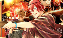  2boys :p aho_no_sakata blonde_hair bracelet festival fireworks fox_mask gun hand_fan japanese_clothes jewelry kimono looking_away male_focus mask mask_on_head multiple_boys one_eye_closed red_eyes red_hair rifle senra_(utaite) shooting_gallery tongue tongue_out tsukimori_fuyuka urashimasakatasen utaite weapon yukata 