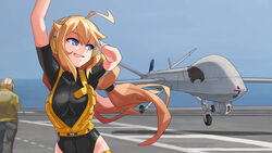  1boy absurdres aircraft bad_id bad_pixiv_id blonde_hair blue_eyes bomber_jacket commentary_request drone female flight_deck gloves headphones helmet highres jacket leotard nanaya777 original photoshop_(medium) 