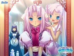  3girls alternate_costume apron blue_eyes blush brushing_another&#039;s_hair brushing_hair china_dress chinese_clothes copyright_name dress enmaided hair_brush hair_ornament hairclip highres hikage_eiji kannei koihime_musou long_hair maid mirror multiple_girls oerba_yun_fang official_art pink_hair purple_eyes purple_hair reflection siblings sisters sonken sonshoukou twintails very_long_hair watermark 