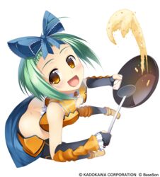  absurdres ass bike_shorts bowl brown_eyes cooking elbow_gloves female fingerless_gloves flipping_food food from_below frying_pan gloves green_hair highres kantaka kneehighs koihime_musou ladle looking_up midriff ribbon short_hair shorts smile socks solo ten&#039;i transparent_background 