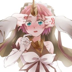  bare_shoulders berserker_of_black blue_eyes blush breasts dress elbow_gloves fate/apocrypha fate_(series) female gloves horns open_mouth pink_hair short_hair veil white_dress 