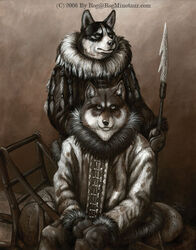  2006 anthro canid canine canis domestic_dog duo husky male mammal melee_weapon nordic_sled_dog polearm rog_minotaur simple_background sled spear spitz weapon 