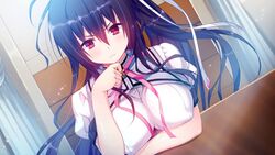  blush breasts erect_nipples female game_cg hair_ribbon highres kamura_masaki kino_(kino_konomi) kino_konomi konomi_(kino_konomi) large_breasts long_hair looking_at_viewer ponytail purple_hair red_eyes ribbon school_uniform serious shirogane_x_spirits sitting solo table 