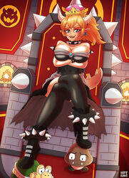  black_collar black_dress black_nails blonde_hair blue_earrings blue_eyes boots borrowed_design bowsette bracelet breasts brooch cleavage collar crown dress earrings female fingernails high_heel_boots high_heels horns jewelry large_breasts mario_(series) nail_polish new_super_mario_bros._u_deluxe nintendo oerba_yun_fang pointy_ears sharp_fingernails spiked_armlet spiked_bracelet spiked_collar spiked_shell spiked_tail spikes strapless strapless_dress super_crown tail teeth thighhighs turtle_shell 