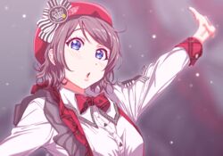  :o absurdres arm_up bad_id bad_pixiv_id beret blue_eyes bow bowtie female gamjolno genki_zenkai_day!_day!_day! grey_hair hat highres long_sleeves looking_at_viewer love_live! love_live!_sunshine!! outstretched_arm plaid plaid_bow plaid_bowtie red_hat shirt short_hair solo suspenders upper_body watanabe_you white_shirt 