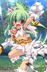  animal_ears animal_hands arm_up armpits blush cat_ears chains earrings female forest gloves green_hair highres jewelry koihime_musou kuwada_yuuki long_hair midriff moukaku nature navel oerba_yun_fang paw_gloves paw_shoes polearm red_eyes shoes smile solo tail weapon 