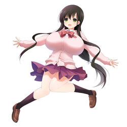  achiga_school_uniform black_hair black_socks bow bowtie breasts choker commentary_request female full_body green_eyes hairbow huge_breasts hyuuga_takashi iwato_kasumi jumping kneehighs knees_together_feet_apart loafers long_hair looking_at_viewer open_mouth ribbon ribbon_choker saki_(manga) school_uniform shoes simple_background skirt socks solo twintails very_long_hair white_background 