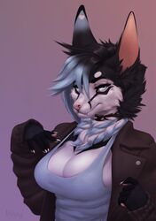  2018 5_fingers anthro big_breasts black_body black_fur black_hair blue_eyes blue_hair breasts canid canine cleavage clothed clothing collar digital_media_(artwork) female fingers fur hair heart_symbol hi_res jacket looking_at_viewer mammal missy_(artist) shirt simple_background solo spiked_collar spikes standing tank_top topwear valkyrie_(snarkking) white_body white_fur 