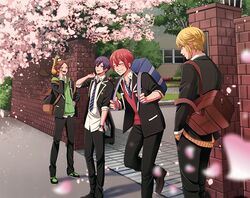  4boys aho_no_sakata animal animal_on_shoulder backpack bag black_jacket black_pants blazer blonde_hair blurry brick_wall brown_hair cardigan cherry_blossoms closed_eyes collared_shirt crest depth_of_field grin hand_in_pocket hand_on_own_hip hand_to_own_mouth hand_up holding_strap hood hoodie jacket looking_at_another male_focus multiple_boys necktie official_art open_clothes open_jacket open_mouth outdoors pants petals purple_hair red_eyes red_hair red_sweater school school_bag school_uniform senra_(utaite) shima_(utaite) shirt shoes smile sneakers standing striped striped_necktie sweater tanuki tsukimori_fuyuka urashimasakatasen uratanuki utaite wall watch white_shirt wristwatch yamadanuki 