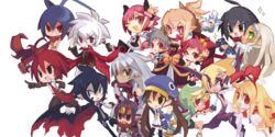  6+boys 6+girls ;d adell_(disgaea) akutare_(disgaea) almaz_von_almadine_adamant antenna_hair arm_up black_eyes black_hair blonde_hair blue_hair blue_hat bow brown_eyes brown_hair cape coat commentary_request demon_boy demon_girl desco_(disgaea) disgaea dress earrings emizel_(disgaea) everyone fallen_angel fenrich_(disgaea) flonne flonne_(fallen_angel) frog gloves green_eyes grey_hair hanako_(disgaea) hat horns jewelry jitome kazamatsuri_fuuka kazamine_(stecca) laharl lolicon long_hair makai_senki_disgaea makai_senki_disgaea_2 makai_senki_disgaea_3 makai_senki_disgaea_4 mao_(disgaea) multiple_boys multiple_girls one_eye_closed open_mouth pants pink_hair pink_wrist_cuffs pointy_ears purple_eyes purple_hair raspberyl red_eyes red_hair ribbon rozalin sapphire_rhodonite shoes short_hair shorts smile symbol_in_eye taro_(disgaea) tink_(disgaea) valvatorez_(disgaea) vampire white_background white_hair wings wrist_cuffs 