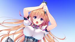  arms_up blue_eyes blush bouncing_breasts breasts female female fighting_stance game_cg highres kino_(kino_konomi) kino_konomi konomi_(kino_konomi) large_breasts long_hair looking_at_viewer open_mouth orange_hair serious shinonome_setsuna shirogane_x_spirits simple_background solo sword weapon 