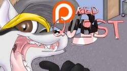  2016 accessory advertisement anthro big_eyes door fangs female happy headband humbug_(artist) inside looking_at_viewer mammal mouth_shot open_mouth palate patreon patreon_logo pred_quest procyonid raccoon rug solo teeth text uvula website_logo zee_williams 