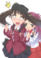  2girls ^^^ brown_eyes brown_hair commentary_request grabbing grabbing_from_behind groping hat jun&#039;you_(kancolle) kantai_collection long_hair multiple_girls open_mouth purple_hair ryuujou_(kancolle) s_ibane skirt surprised twintails visor_cap 