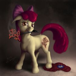  2015 accessory amber_eyes apple_bloom_(mlp) blood bluespaceling bodily_fluids bow_(feature) bow_accessory bow_ribbon brand branded branding branding_iron cape centered_hair_bow clothing crying earth_pony equid equine female feral friendship_is_magic fur hair hair_accessory hair_ribbon hairbow hasbro hi_res horse looking_at_viewer mammal my_little_pony open_mouth pony quadruped red_hair ribbons solo tears yellow_body yellow_fur young 