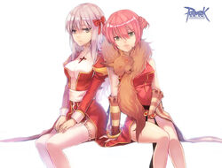  2girls 8c bad_id bad_pixiv_id between_legs breasts copyright_name double_bun fox green_eyes grey_eyes hair_bun hair_ribbon hand_between_legs high_priest_(ragnarok_online) long_hair medium_breasts multiple_girls photoshop_(medium) professor_(ragnarok_online) ragnarok_online red_hair ribbon scarf short_hair sitting thighhighs white_background white_hair white_legwear 