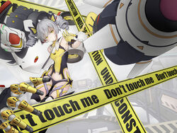  arm_guards armor armored_leotard armpits blush bow breasts bronya_zaychik bronya_zaychik_(yamabuki_armor) caution_tape character_name closed_mouth commentary_request crossed_bangs detached_arm drill_hair elevator female floating gloves grey_hair hair_between_eyes hair_ribbon hairbow head_tilt highres honkai_(series) honkai_impact_3rd indoors leotard long_hair looking_at_viewer mechanical_arms project_bunny ribbon robot sidelocks small_breasts solo thigh_strap thighhighs torayuki twin_drills twintails under_construction yellow_eyes 