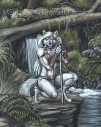  2000 anthro detailed_background female forest melee_weapon nipple_outline nipples plant rog_minotaur snarling solo sword teeth tree water waterfall weapon 