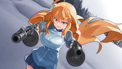  absurdres bad_id bad_pixiv_id blonde_hair blue_eyes commentary_request dual_wielding emblem female finnish_text gun highres holding jacket long_hair nanaya777 original photoshop_(medium) skirt snow solo submachine_gun suomi_kp/-31 tree weapon 