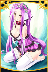  alternate_costume alternate_hairstyle blush breasts cleavage collar commentary_request cosplay fate/grand_order fate_(series) female flower hair_flower hair_ornament highres large_breasts long_hair medusa_(fate) medusa_(lancer)_(fate) medusa_(lancer)_(fate)_(cosplay) medusa_(lancer)_(final_ascension)_(fate) medusa_(lancer)_(final_ascension)_(fate)_(cosplay) medusa_(rider)_(fate) official_alternate_costume purple_hair sin_(kami148) solo thighhighs toeless_legwear very_long_hair yellow_eyes 