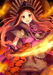  :d asa_no_ha_(pattern) brown_hair capelet chacha_(fate) commentary_request cowboy_shot drawstring fate/grand_order fate_(series) female fire floating_hair fur_collar glowing glowing_sword glowing_weapon hat holding holding_sword holding_weapon katana kikumon kirimon_(paulownia) long_hair looking_at_viewer mitsudomoe_(shape) open_mouth smile solo sword tomoe_(symbol) weapon yashiro_seika 