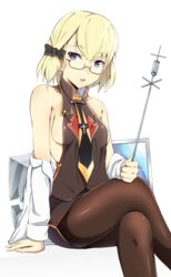  :o arm_at_side azur_lane bare_shoulders black_bow black_necktie black_skirt black_vest blonde_hair blue_eyes blush bondo_(borndragon) bow breasts brown_pantyhose collarbone commentary_request cross_print crossed_legs feet_out_of_frame female glasses hairbow highres holding long_sleeves looking_at_viewer miniskirt necktie nose_blush off_shoulder official_alternate_costume open_clothes open_mouth pantyhose semi-rimless_eyewear short_hair sideboob simple_background sitting skirt small_breasts solo under-rim_eyewear vest white_background yellow-framed_eyewear z23_(azur_lane) z23_(philosophy_sensei)_(azur_lane) 