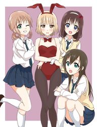  4girls :d ;) animal_ears black_legwear blonde_hair blue_eyes blush bow bowtie brown_eyes brown_hair collar collarbone commentary_request crossed_arms green_eyes grin hairband highres looking_at_viewer miwa_ai multiple_girls necktie one_eye_closed oomuro-ke oomuro_nadeshiko open_mouth pantyhose playboy_bunny rabbit_ears school_uniform shoes simple_background smile socks sonokawa_megumi squatting sweater_vest teeth tetopetesone thigh_gap white_legwear yaeno_miho yuru_yuri 