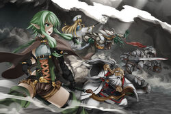  2girls 3boys armor battle beard cloak colored_skin commentary dwarf dwarf_shaman_(goblin_slayer!) elf facial_hair furry furry_male gloves goblin_slayer goblin_slayer! green_skin high_elf_archer_(goblin_slayer!) highres indy_k lizard_priest_(goblin_slayer!) lizardman multiple_boys multiple_girls plume pointy_ears priestess_(goblin_slayer!) shorts staff sword visor_(armor) weapon 