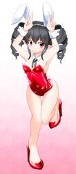  animal_ears bare_legs black_hair commentary_request darkness_iii detached_collar double_v drill_hair ebiko_ebi female fishnets highres long_hair playboy_bunny pointy_ears rabbit_ears red_eyes ribbon solo twintails v viprpg wrist_cuffs 