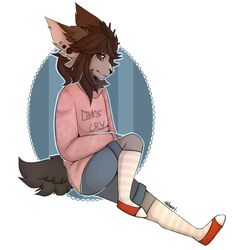  ambiguous_gender anthro canid canine clothed clothing ear_piercing fur hair hibarikatsuru looking_at_viewer mammal piercing solo 