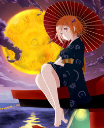  barefoot blush bow breasts brown_eyes brown_hair clock cloud commentary_request feet female hairbow hataraku_maou-sama! japanese_clothes kimono looking_at_viewer medium_breasts moon oil-paper_umbrella peanuts_(ennuim) sasaki_chiho short_hair short_kimono sitting sitting_on_torii smile solo toe_scrunch torii umbrella water 