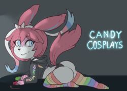  all_fours anthro anthrofied ass blue_eyes butt_focus clothing cosplay eeveelution female generation_6_pokemon hair legwear nintendo pink_hair pokemon pokemon_(species) raised_tail reimachu semi-anthro solo source_request stockings sylveon tail thigh_highs unknown_artist 